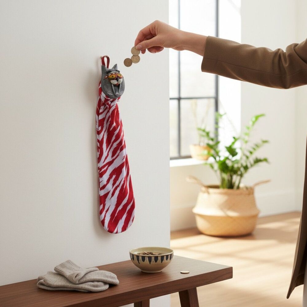 Piggy Bank Vintage Fat Cat Coin Bank Door Knob Hanging Money Sock Red